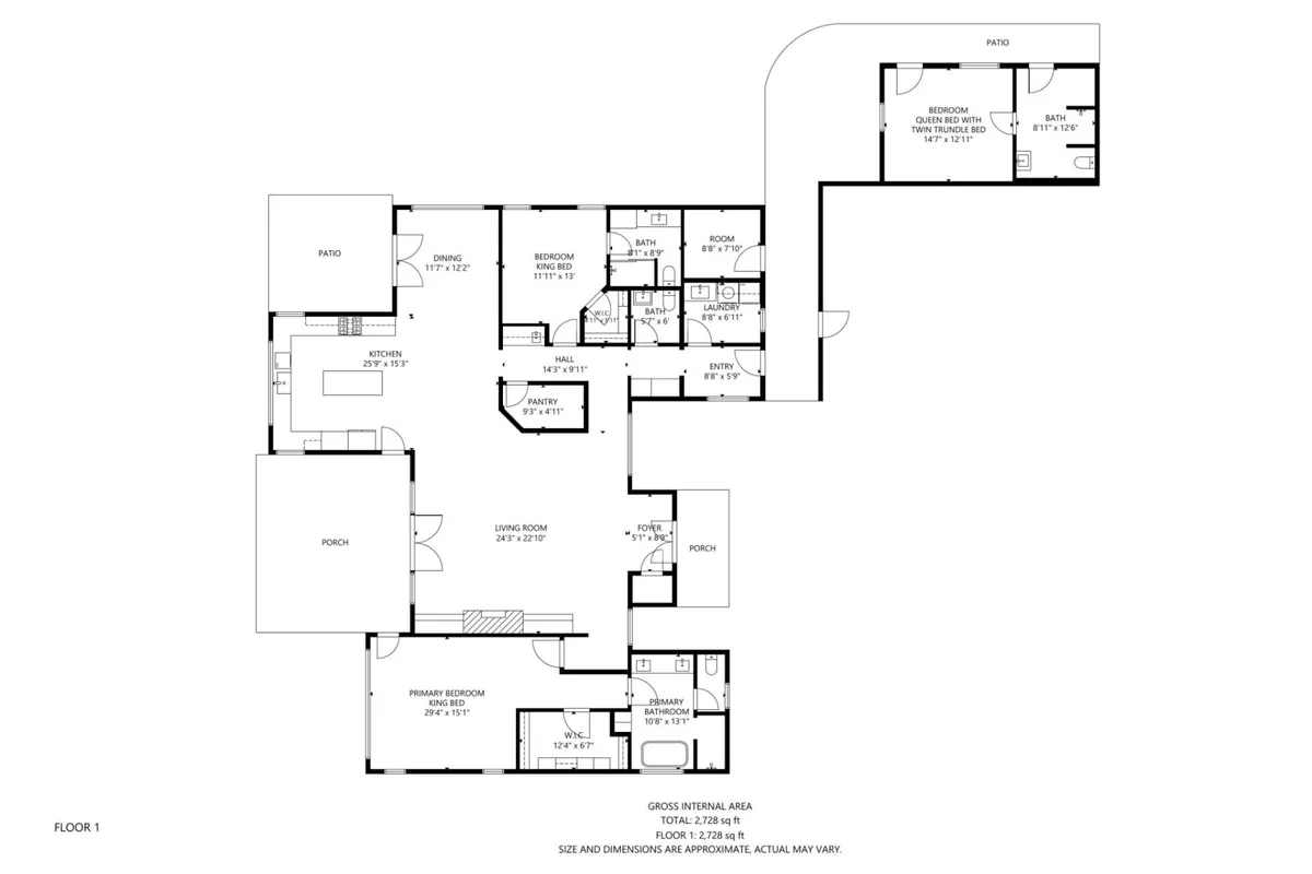 A sweeping view encompassing the living room, kitchen, primary bedroom, and nearby patios. Large windows and open doors invite abundant natural light and offer a seamless transition between interior comfort and the tranquil outdoor patios. The layout hints at privacy, open space, and the potential to step out into nature.